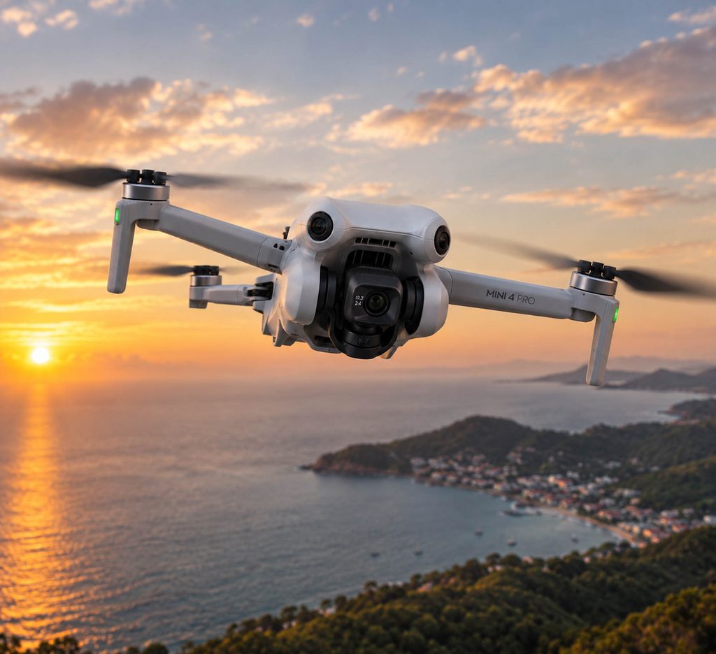 Matériel photo voyage, DJI Mini 4 Pro en vol au coucher de soleil